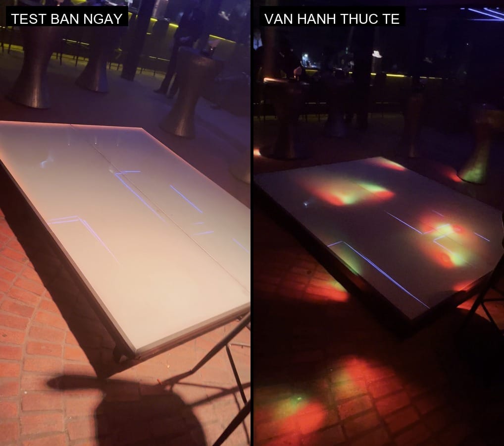 So sánh bục nhảy sân khấu LED Madrix Donquixote Đà Lạt lúc test ban ngày và khi vận hành thực tế ban đêm