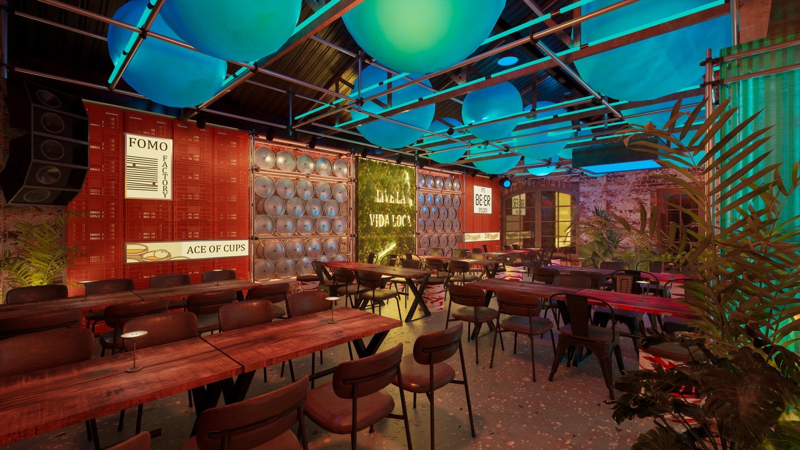 Render Enscape 3D không gian tổng thể FOMO Beer Club Đà Nẵng