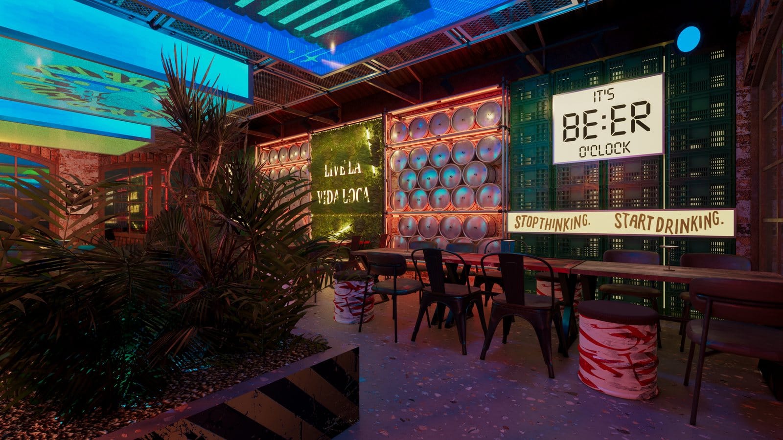 Render Enscape 3D lối vào khu sân vườn FOMO Beer Club Đà Nẵng