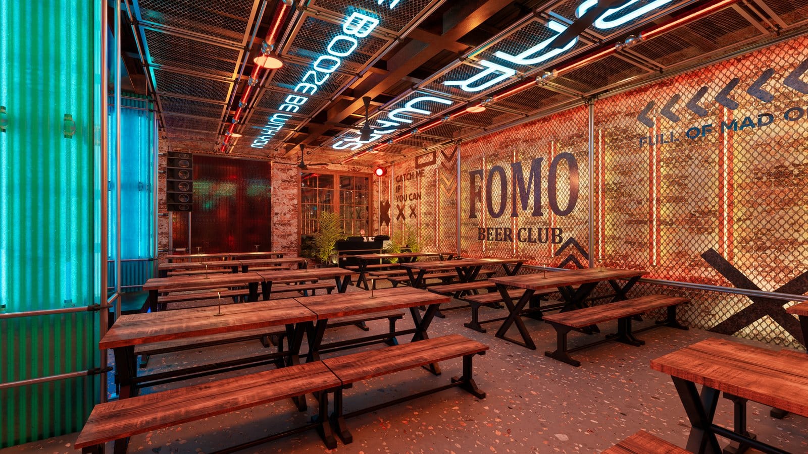 Render Enscape 3D mảng tường thương hiệu FOMO Beer Club Đà Nẵng