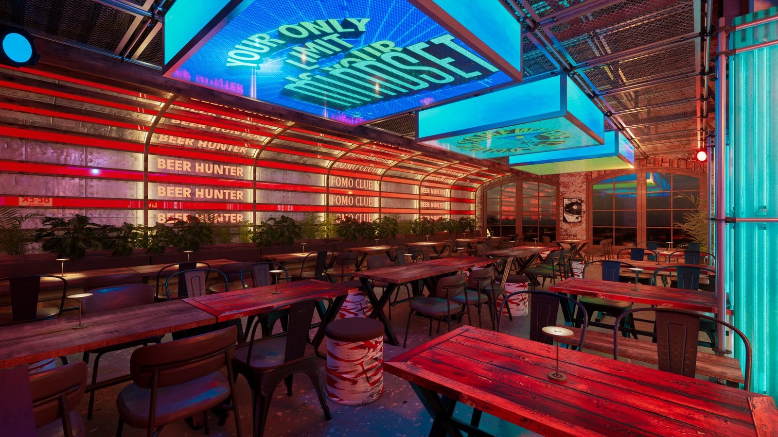 Render Enscape 3D sảnh bàn dài đèn LED neon FOMO Beer Club Đà Nẵng
