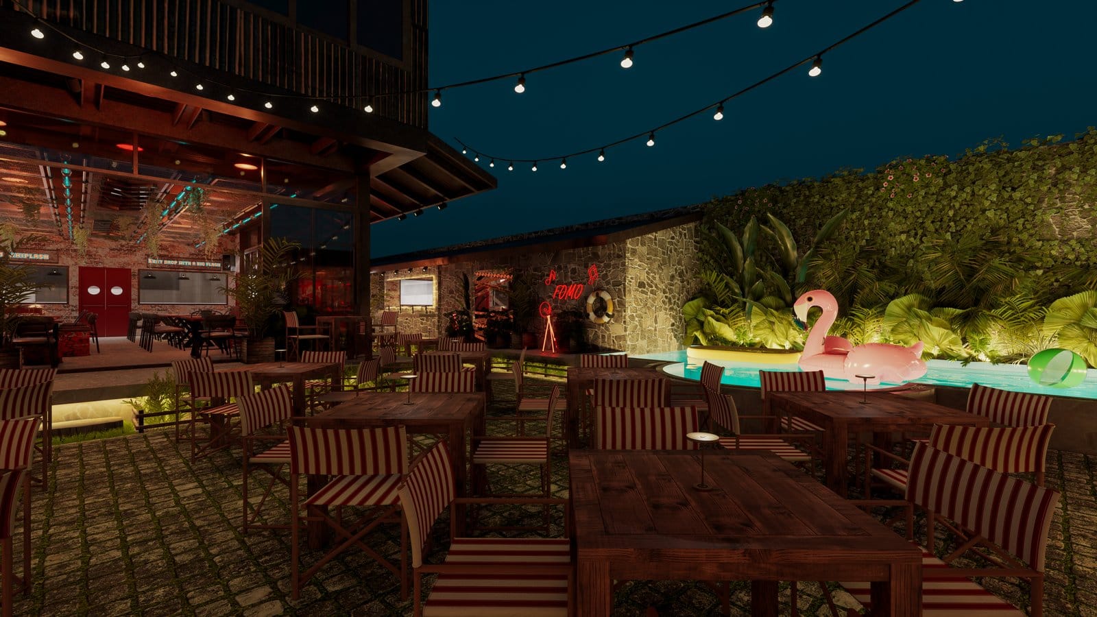 Render 3D concept beer club - bố trí màn hình LED và ánh sáng