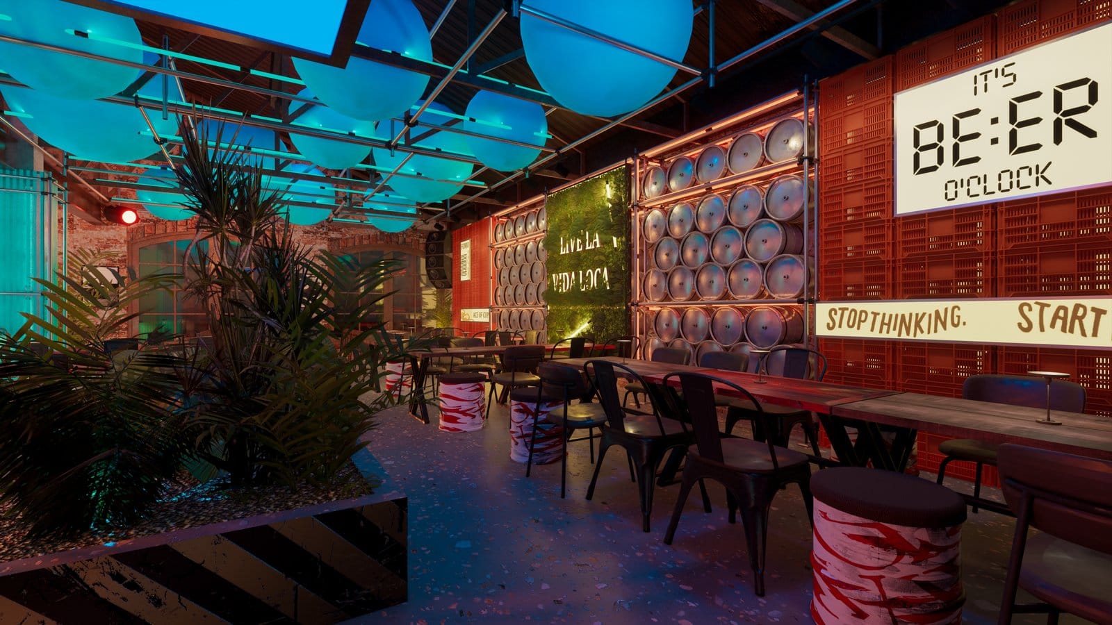 Render 3D beer garden - concept âm thanh ánh sáng không gian bia